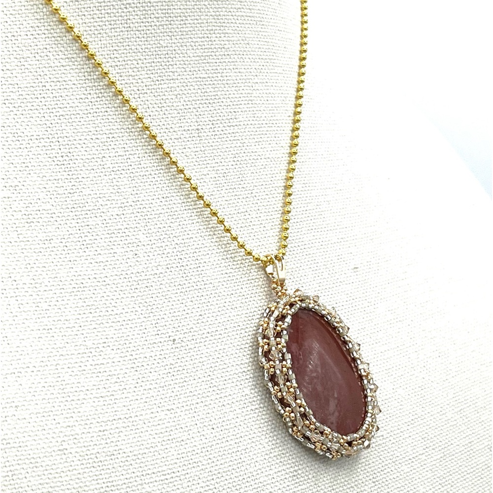 HAND CRAFTED Brown Bezeled Agate Pendant Necklace with Swarovski Crystals